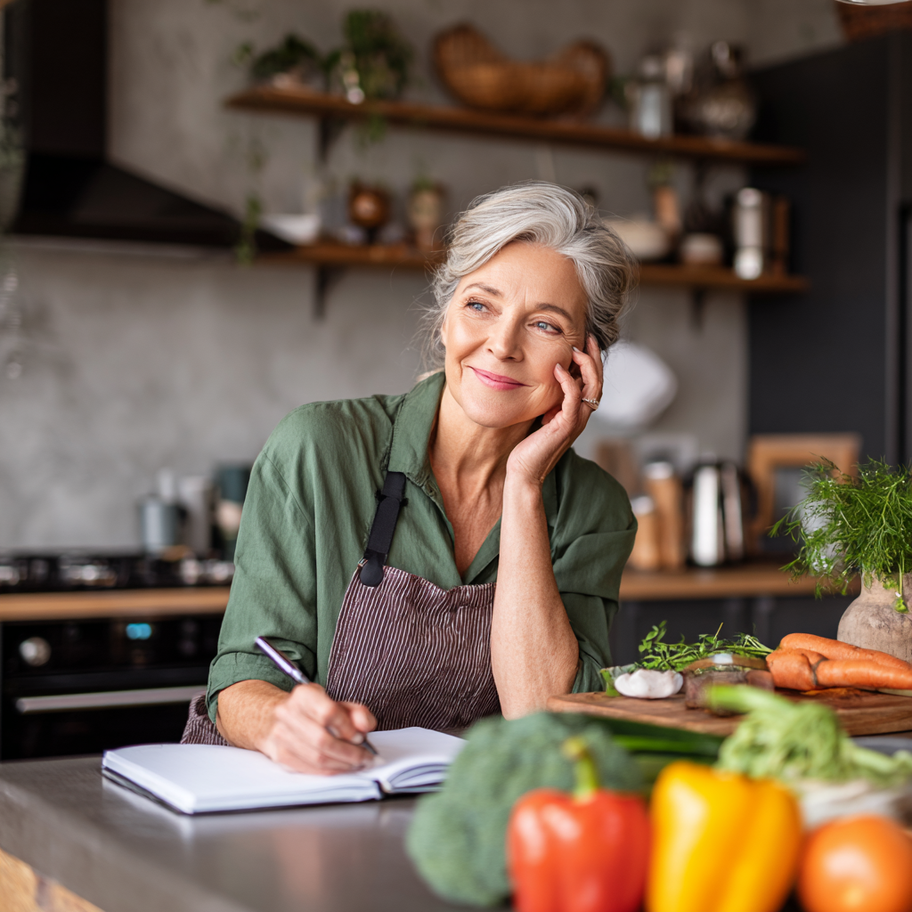 Middle-aged woman planning healthy meals in modern kitchen